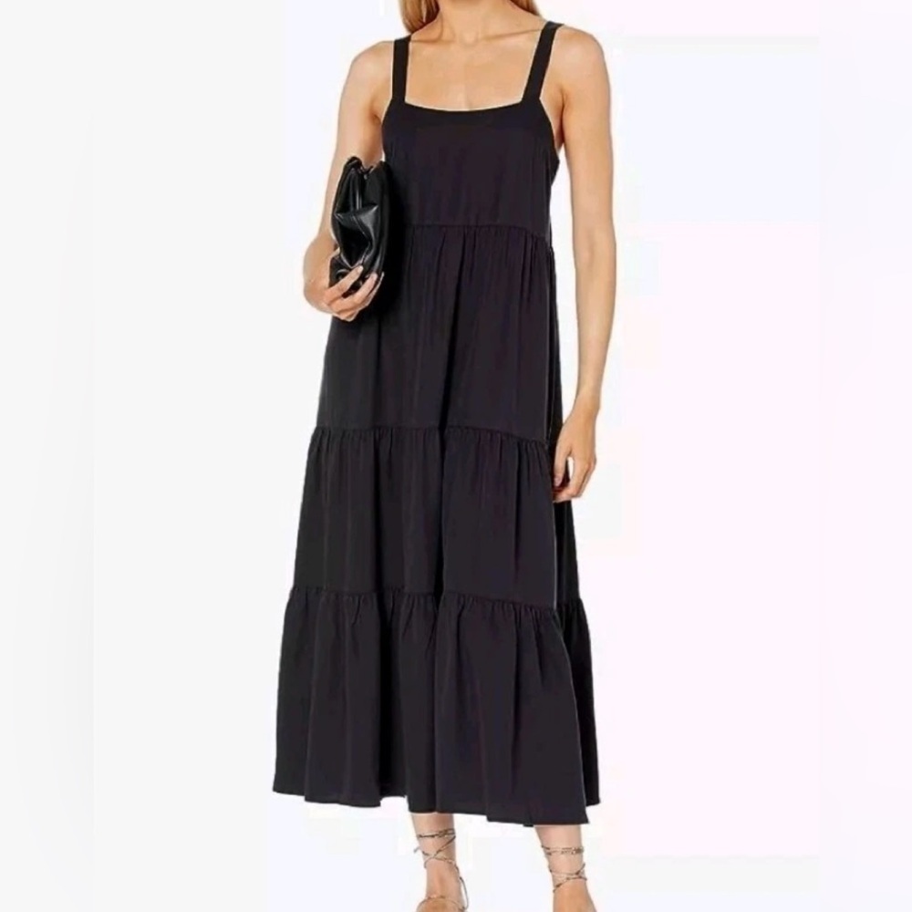 The Drop Womens Britt Dress M Black Tiered Lyocell Sleeveless Maxi Adj Strap
